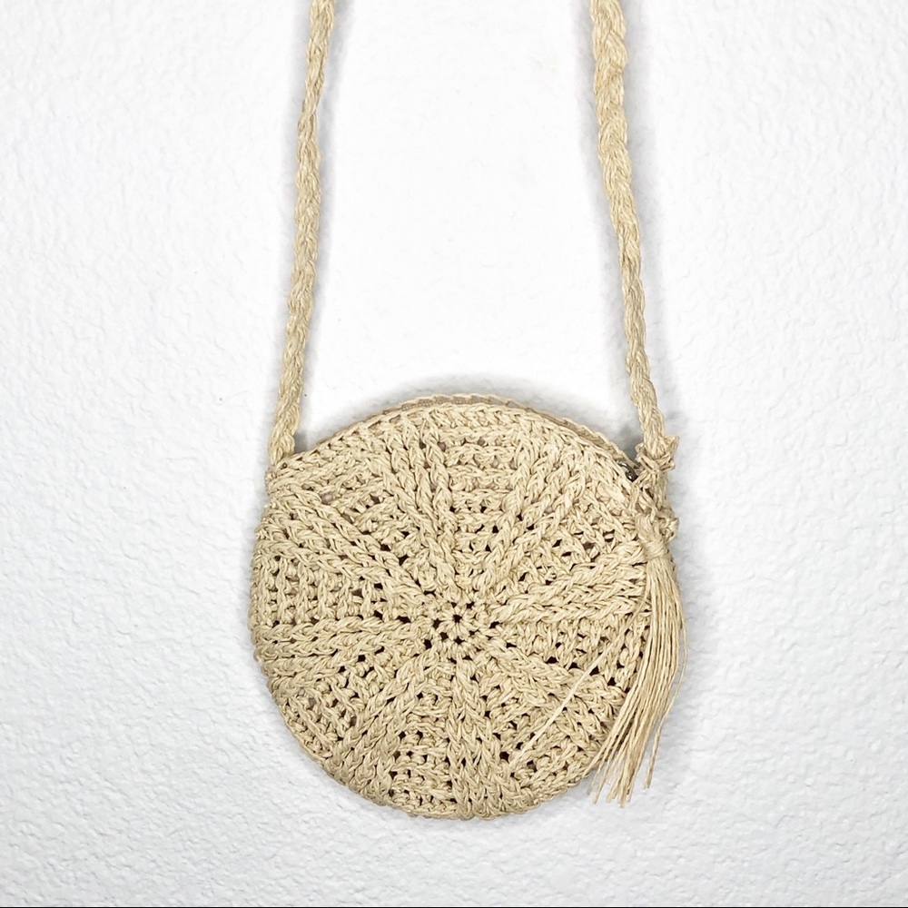 Rattan Round Women’s Purse Cross Body New Cream - Picture 3 of 6